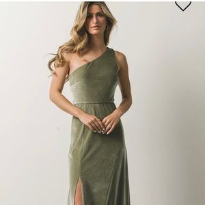 Sage green velvet maxi with leg slit